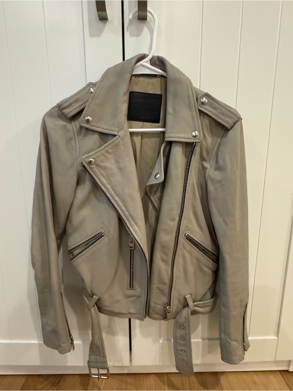 AllSaints Taupe Leather Moto Jacket with Belt